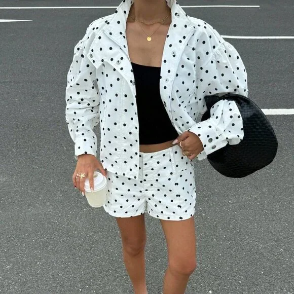 Casual Women's Polka Dot Print Long Sleeve Zip Front Jacket And Shorts set - Picture 3 of 6